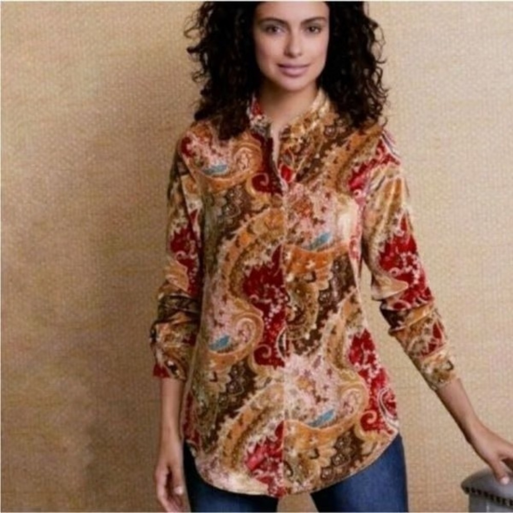 Soft Surroundings Montaigne Heavenly Soft Button Down Size Large Paisley Velvet